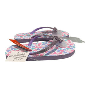 Joe Fresh Flip Flop Sandals Girls Size 12.5 Purple Heart Glitter Bow Beach Shoes